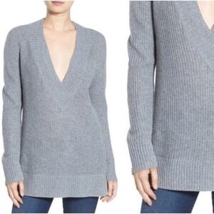 BP Deep V-Neck Ribbed Knit Tunic Sweater Womens XS Grey Long‎ Sleeve Pullover